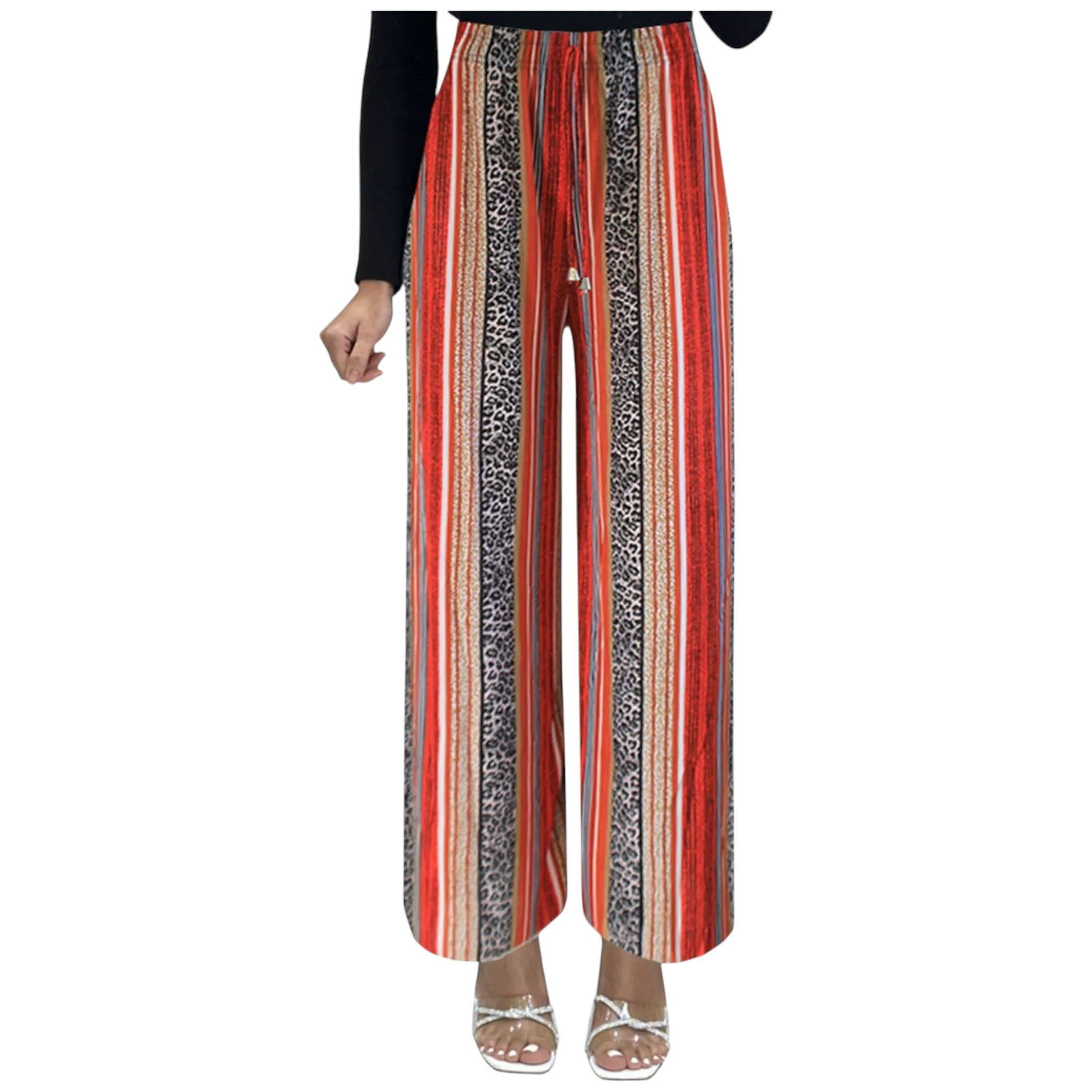Ladies red striped palazzo trousers with leopard print – high waist wide leg summer pants